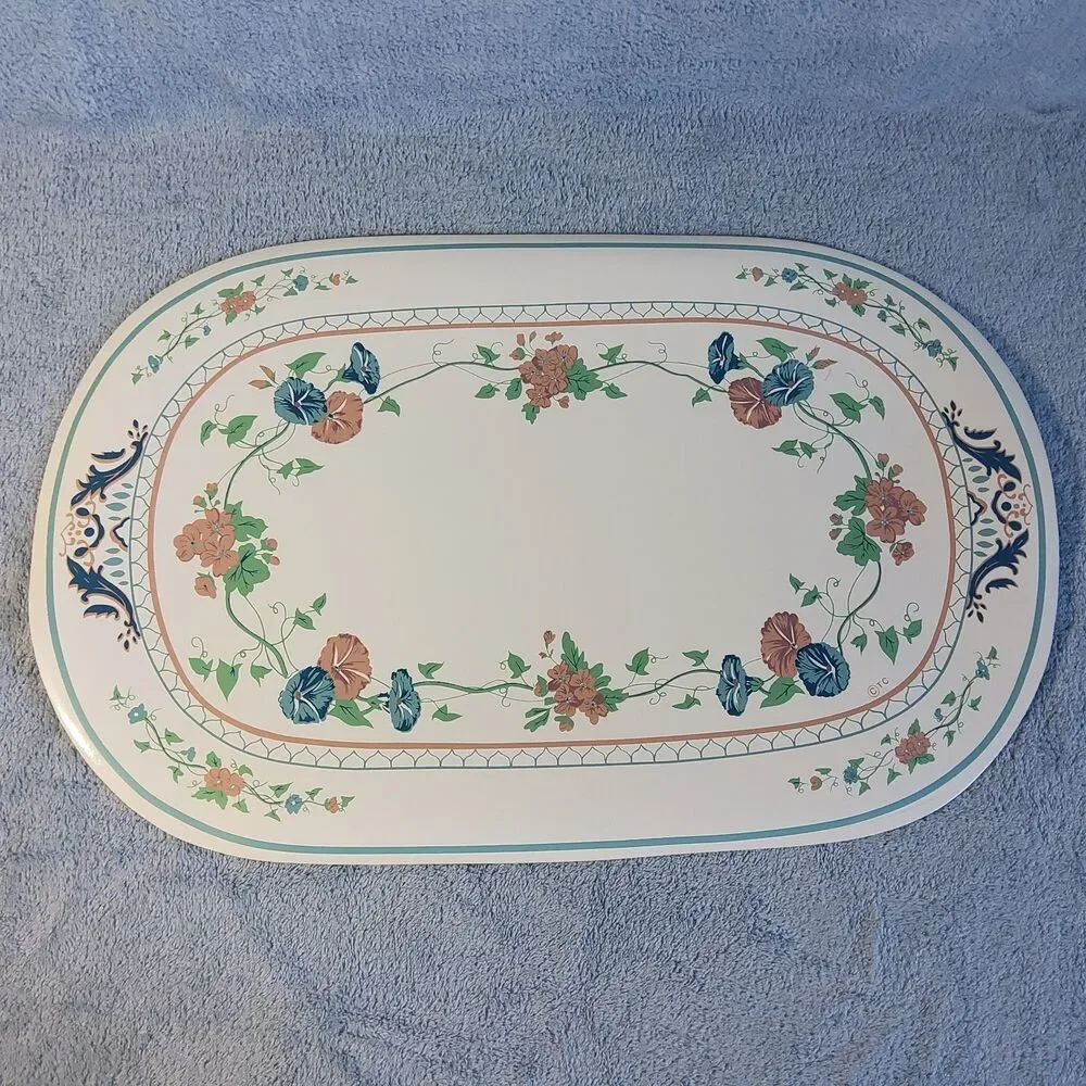 (4) Vintage 1990s Town & Country Linen Vinyl Placemats Glory Vine Floral Blue
